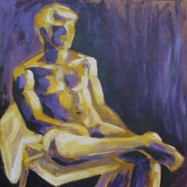 Acrylgemälde einer sitzenden männlichen Figur in Violett und Gelb 